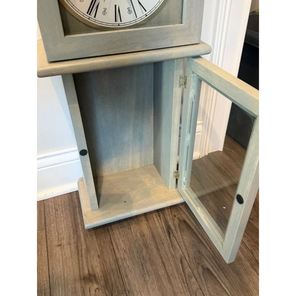 Distressed Gray Wooden Grandfather Clock with Storage Base 28x11.5x6
